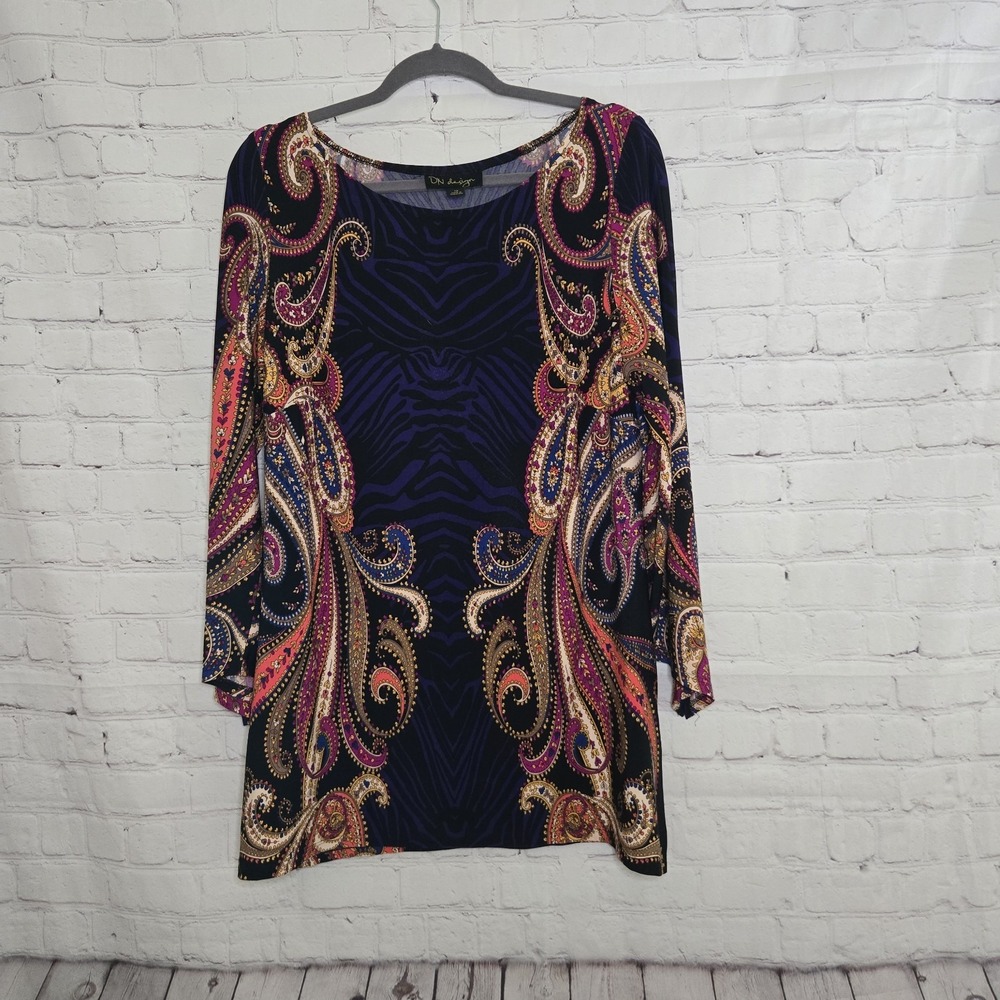 DN DESIGN Y2K 90S Purple Gold Paisley Tunic Mod Dress Whimsigoth Boho Lg 12